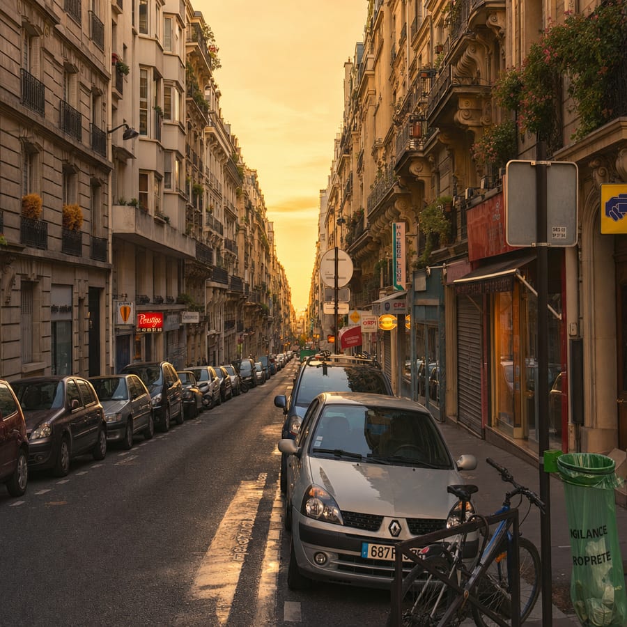 The model's version: a square frame of a similar street under a golden sunset, the parked cars redrawn.