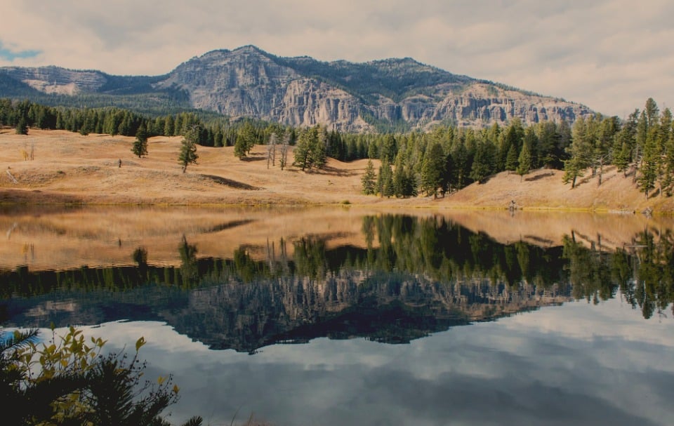 The same lake, darker and softer, with faded blacks, warm grass and a faint rose cast in the light.